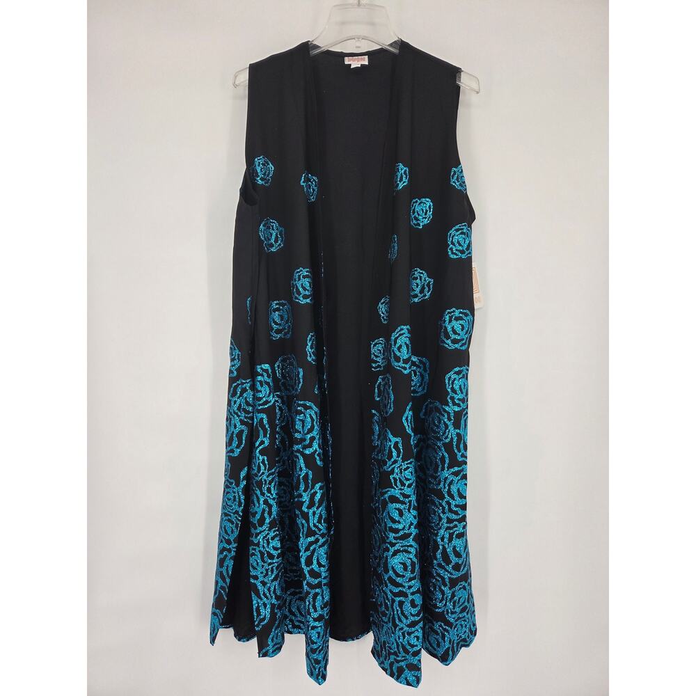 LuLaRoe Elegant Joy Black Blue Rose Glitter Long Cardigan Vest Duster NWT Large